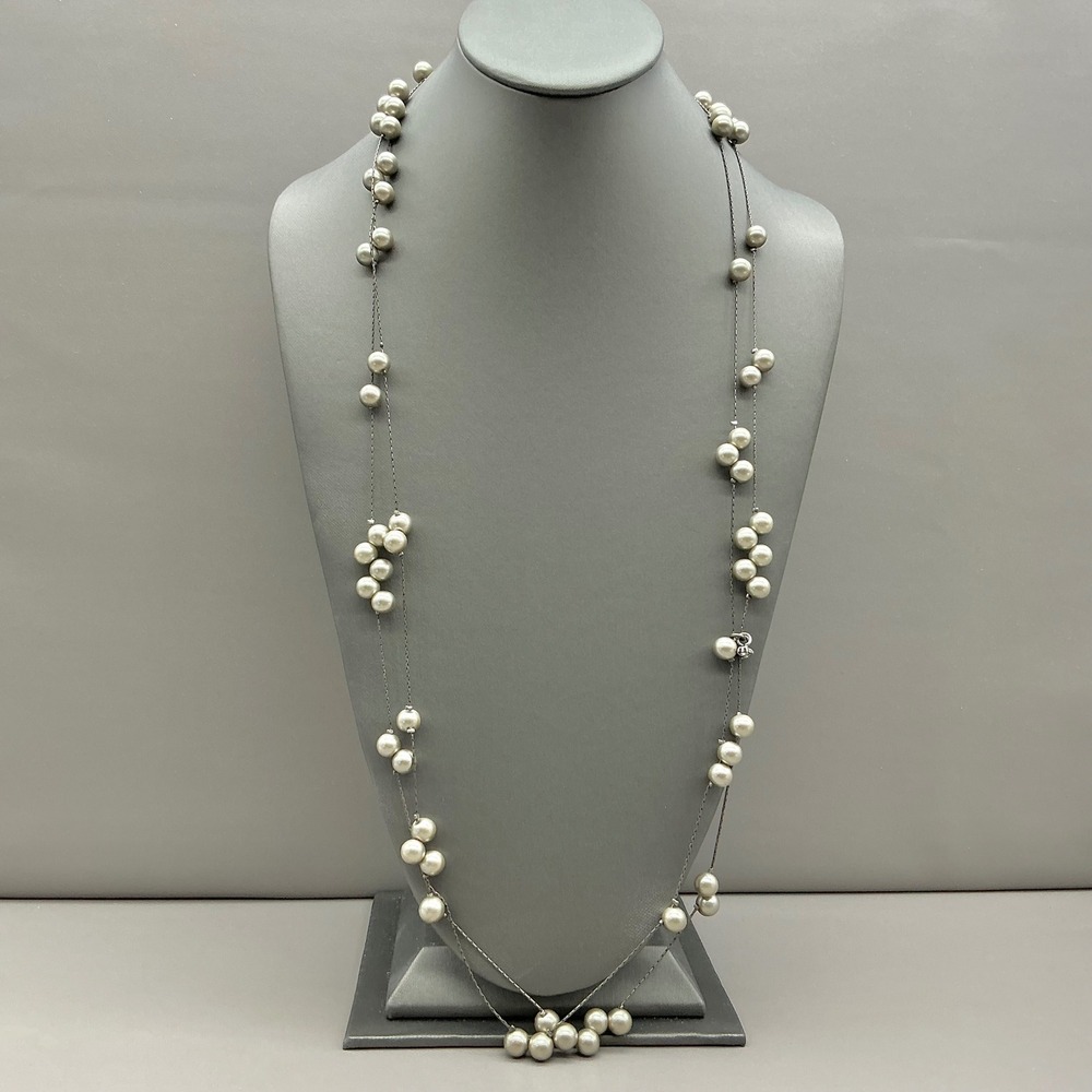 J. Crew Necklace Faux‎ Pearl Station Long Layered Silver Tone Gunmetal 30 Inch